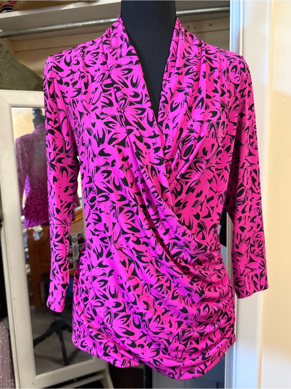 Chaus Magenta and Black Drape-Front Blazer